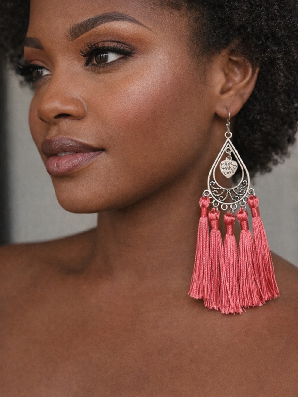 Silver Teardrop Tassel Earrings in Coral Pink - Hand Made With Love